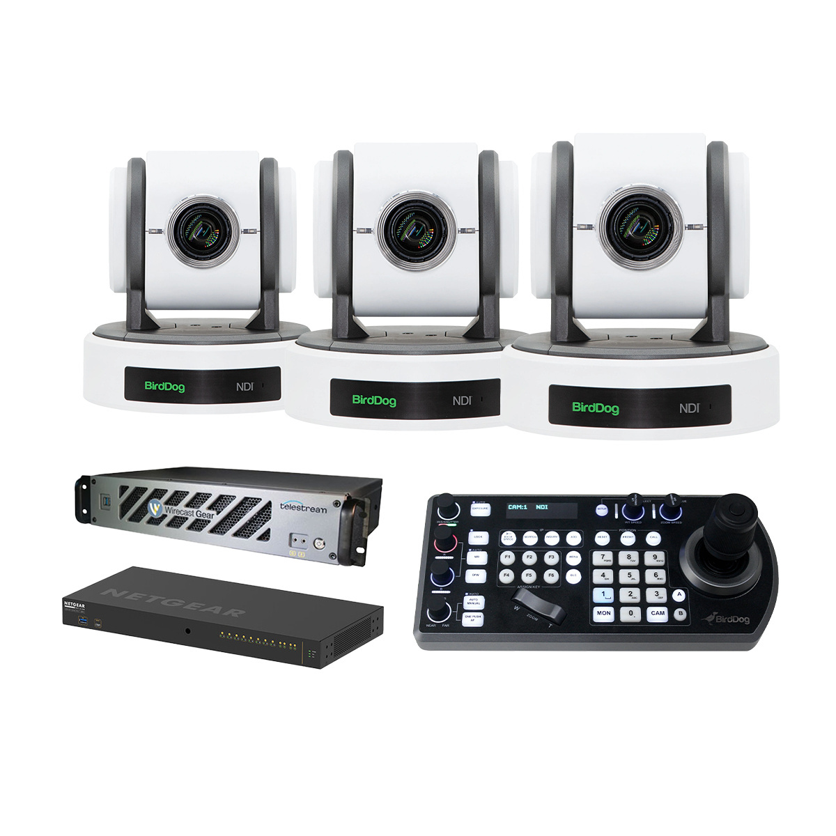 BirdDog Studio Bundle (3x White PTZ) w/ Telestream Wirecast Gear 420 & BONUS Netgear M4250 Switch