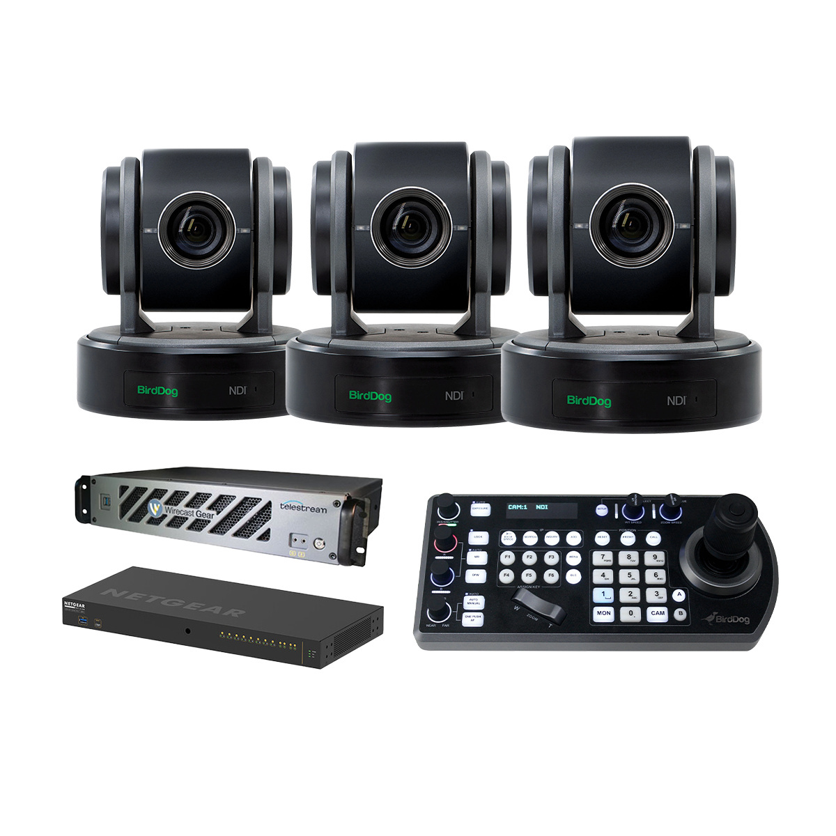 BirdDog Studio Bundle (3x Black PTZ) w/ Telestream Wirecast Gear 420 & BONUS Netgear M4250 Switch