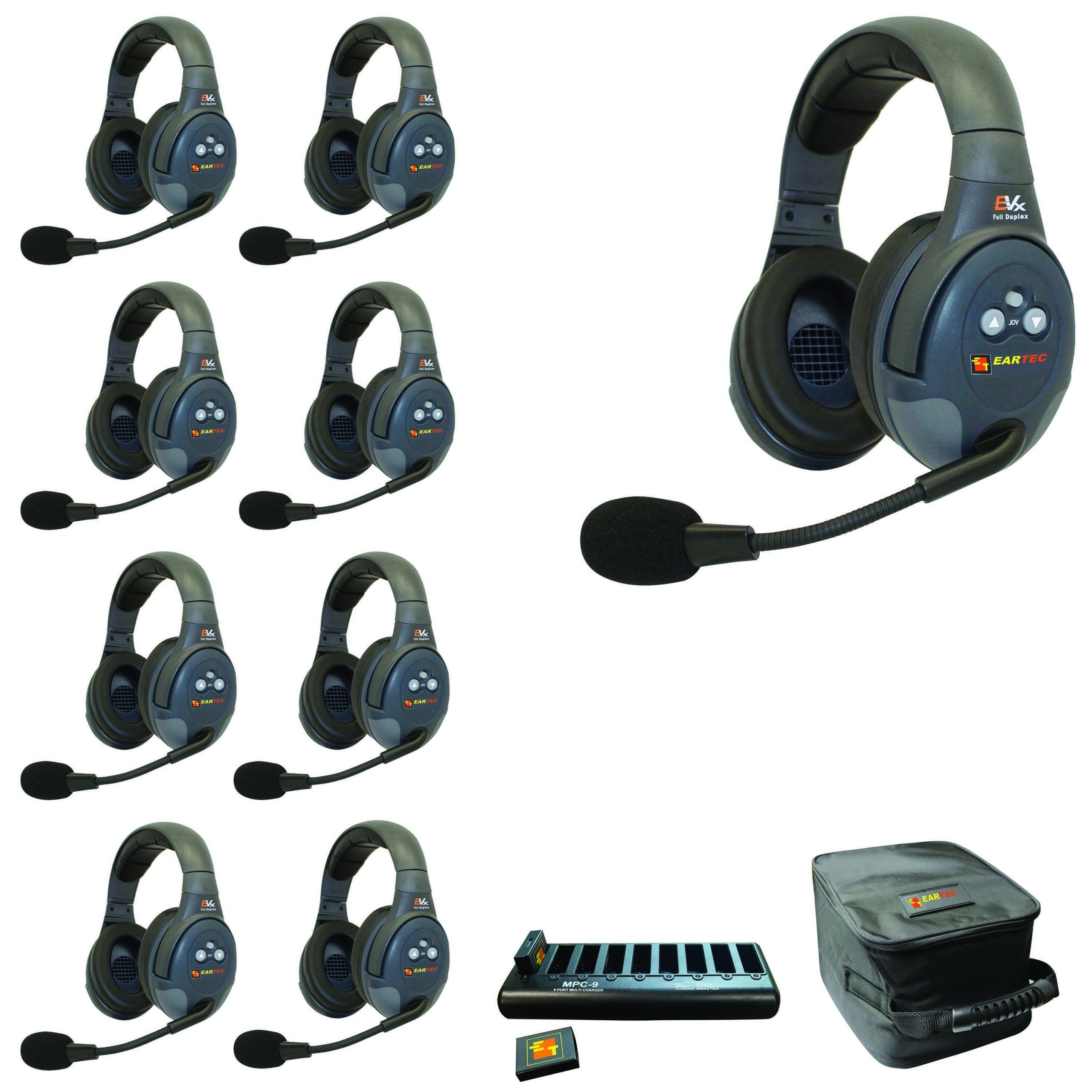 Eartec EVADE EVX9D Full Duplex Wireless Intercom System W/ 9 Dual Speaker Headsets