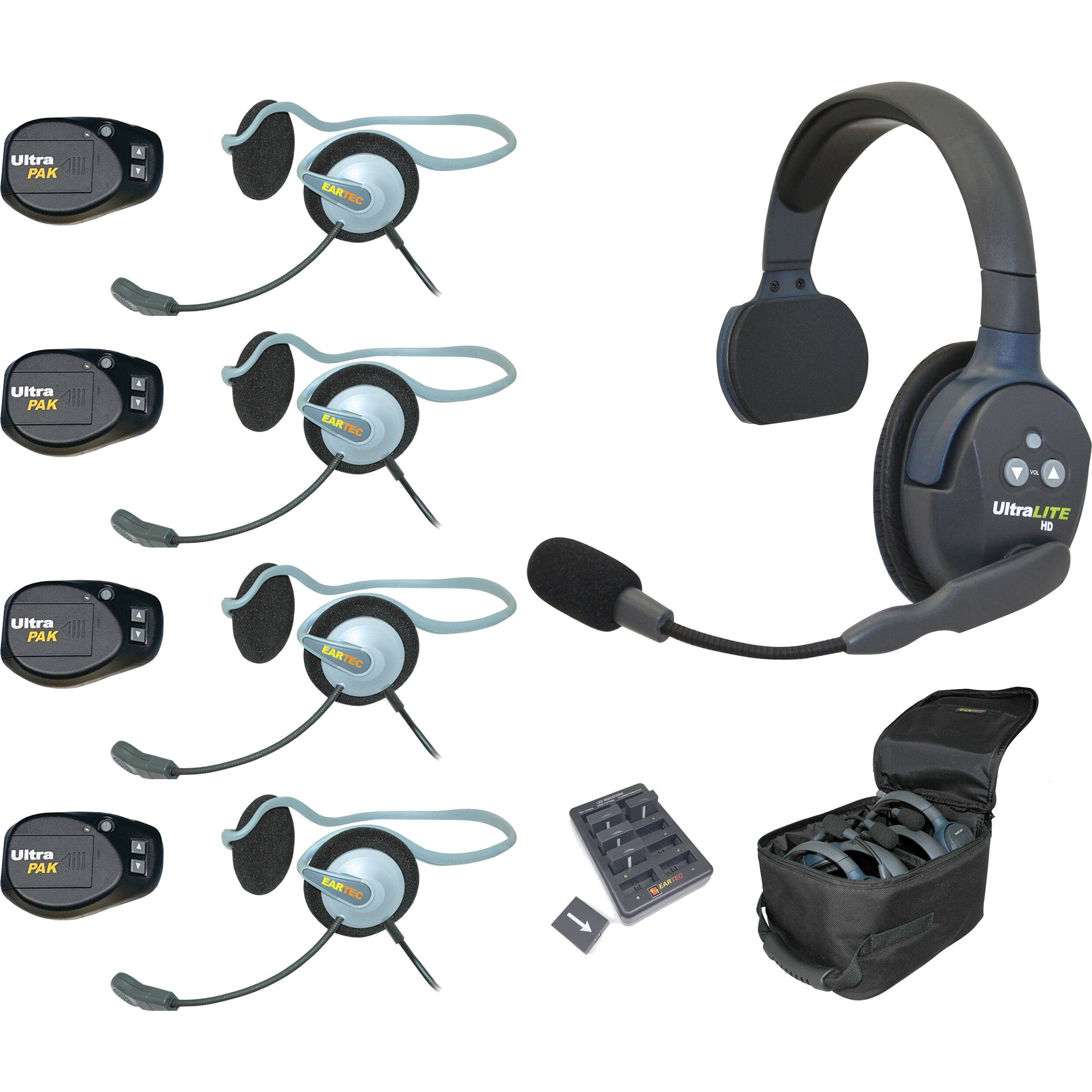 Eartec UltraLITE Single Full-Duplex Wireless Intercom System with 4 UltraPAK and 4 Monarch Headsets