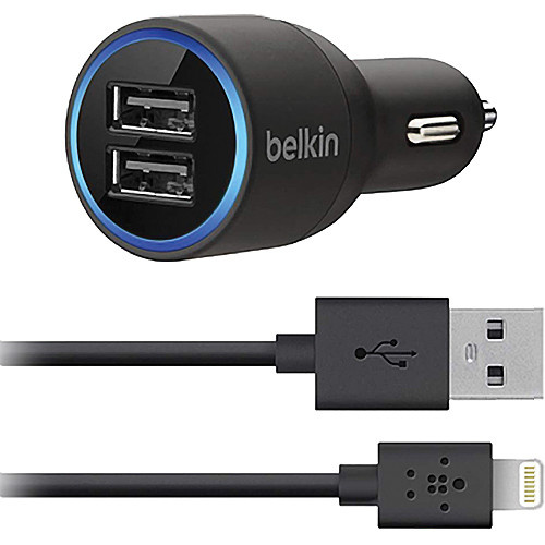 Belkin 2-Port Car Charger with Lightning to USB Cable (4')