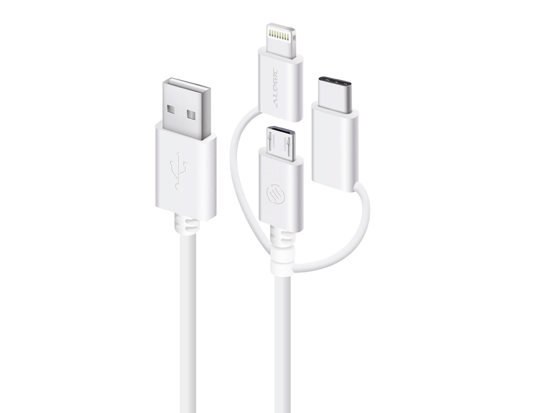 Alogic 3-in-1 USB to Micro USB/Lightning/USB-C Cable (White, 30cm)