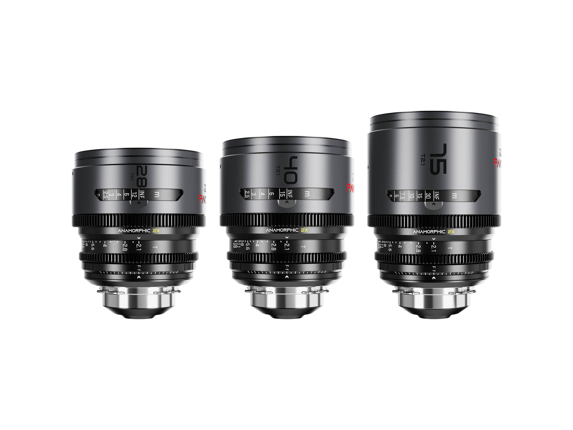 DZOFilm PAVO 2x Anamorphic 28/40/75mm T2.1 3-Lens Set (Neutral Coating, PL/EF Mount, Feet)