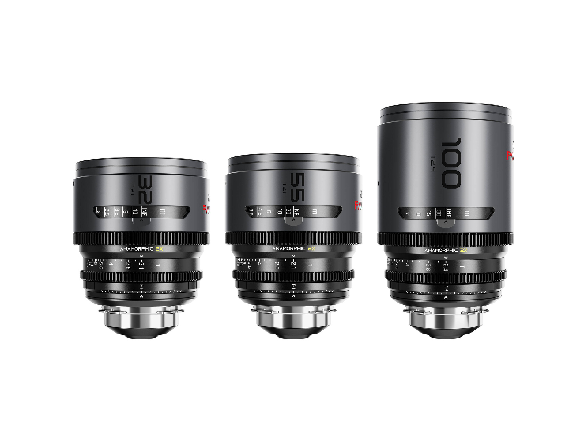 DZOFilm PAVO 2x Anamorphic 32/55 T2.1 & 100mm T2.4 3-Lens Set (Neutral Coating, PL/EF Mount, Feet)