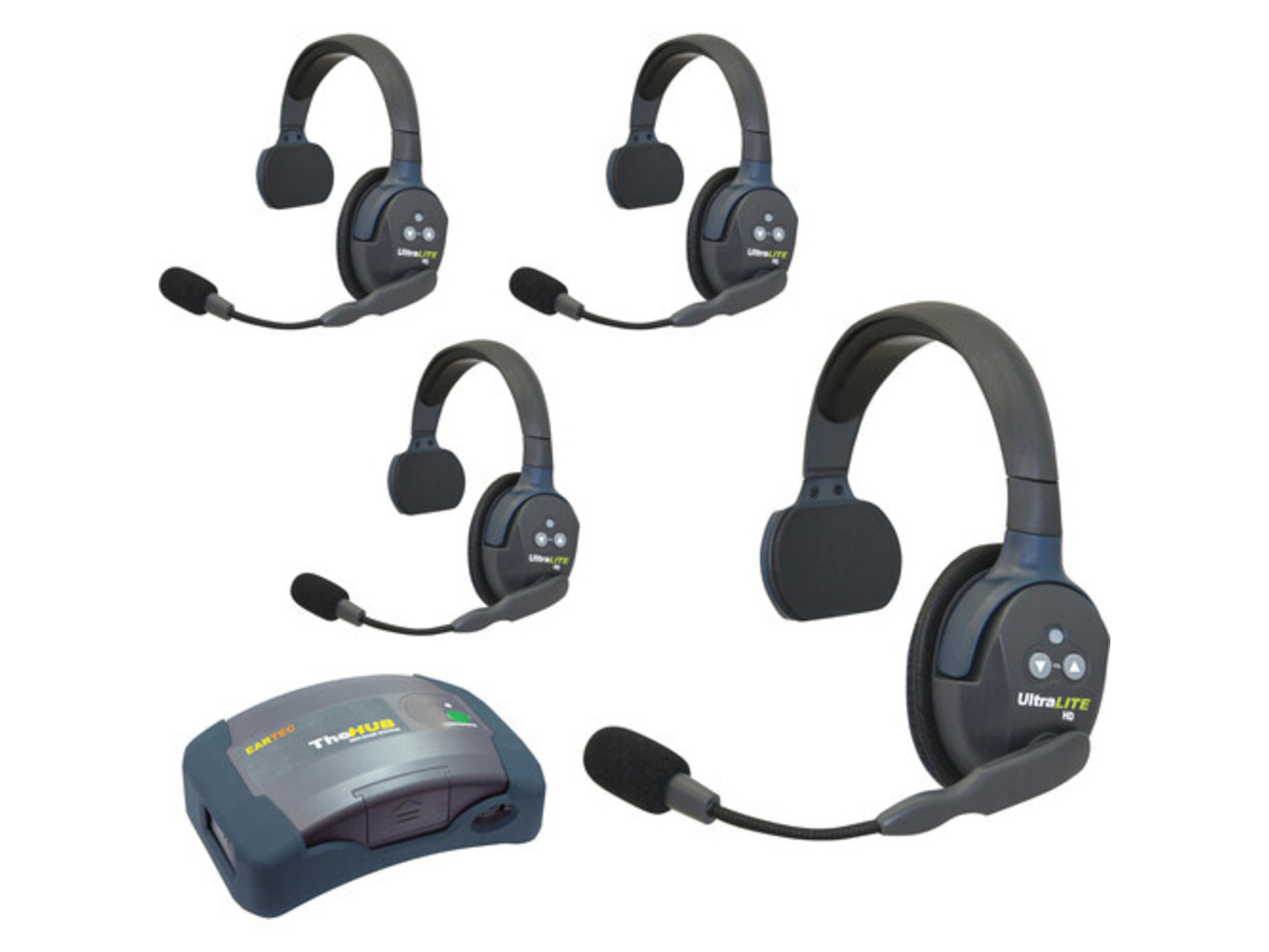 Eartec HUB4S UltraLITE & HUB 4 person system w/ 4 Single Headsets, batteries, charger & case
