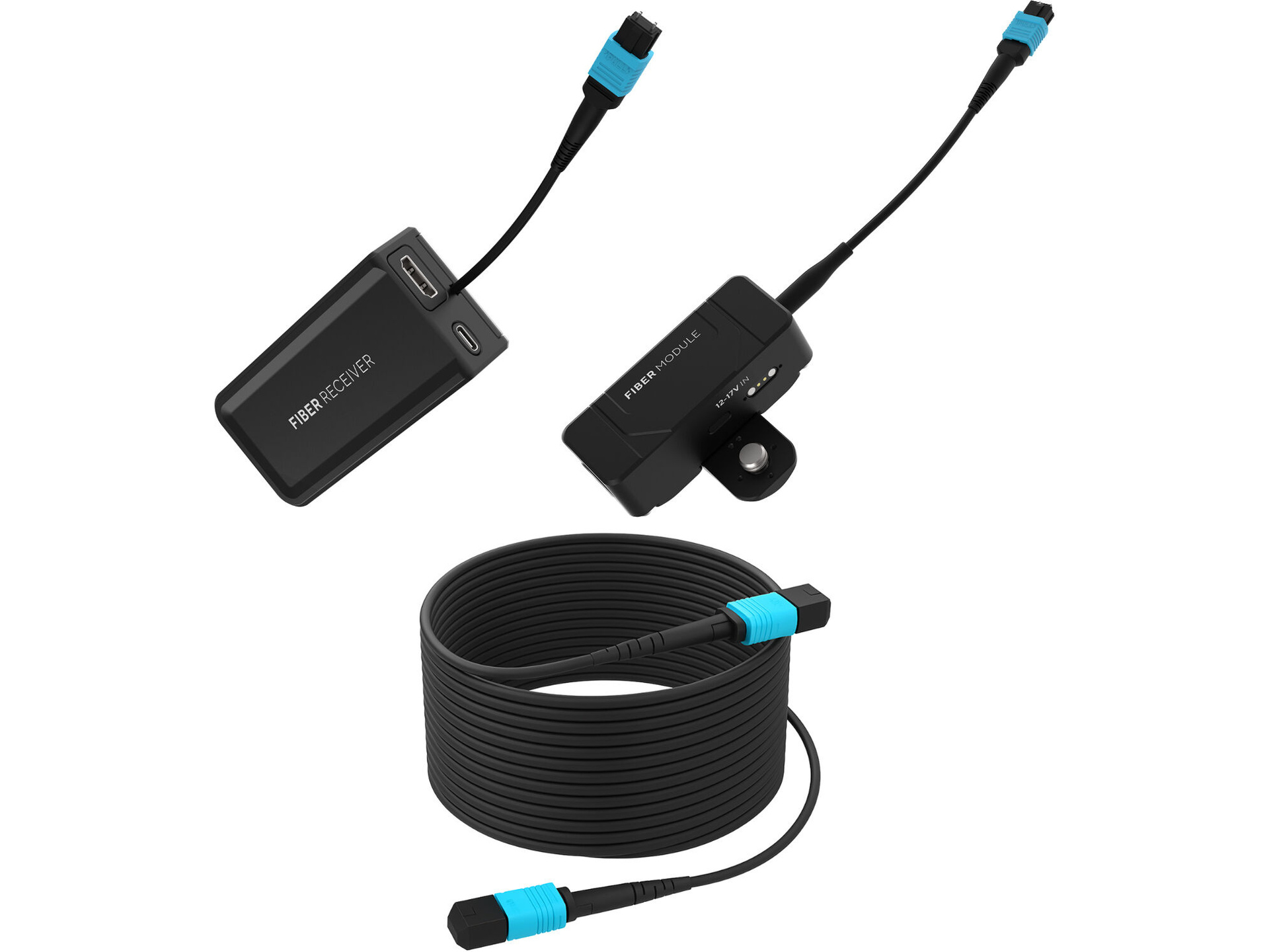 Kondor Blue Fletch Fiber Transmitter & Receiver Module Kit for HDMI with Fiber Armored Cable OM3 MPO (100', Raven Black)