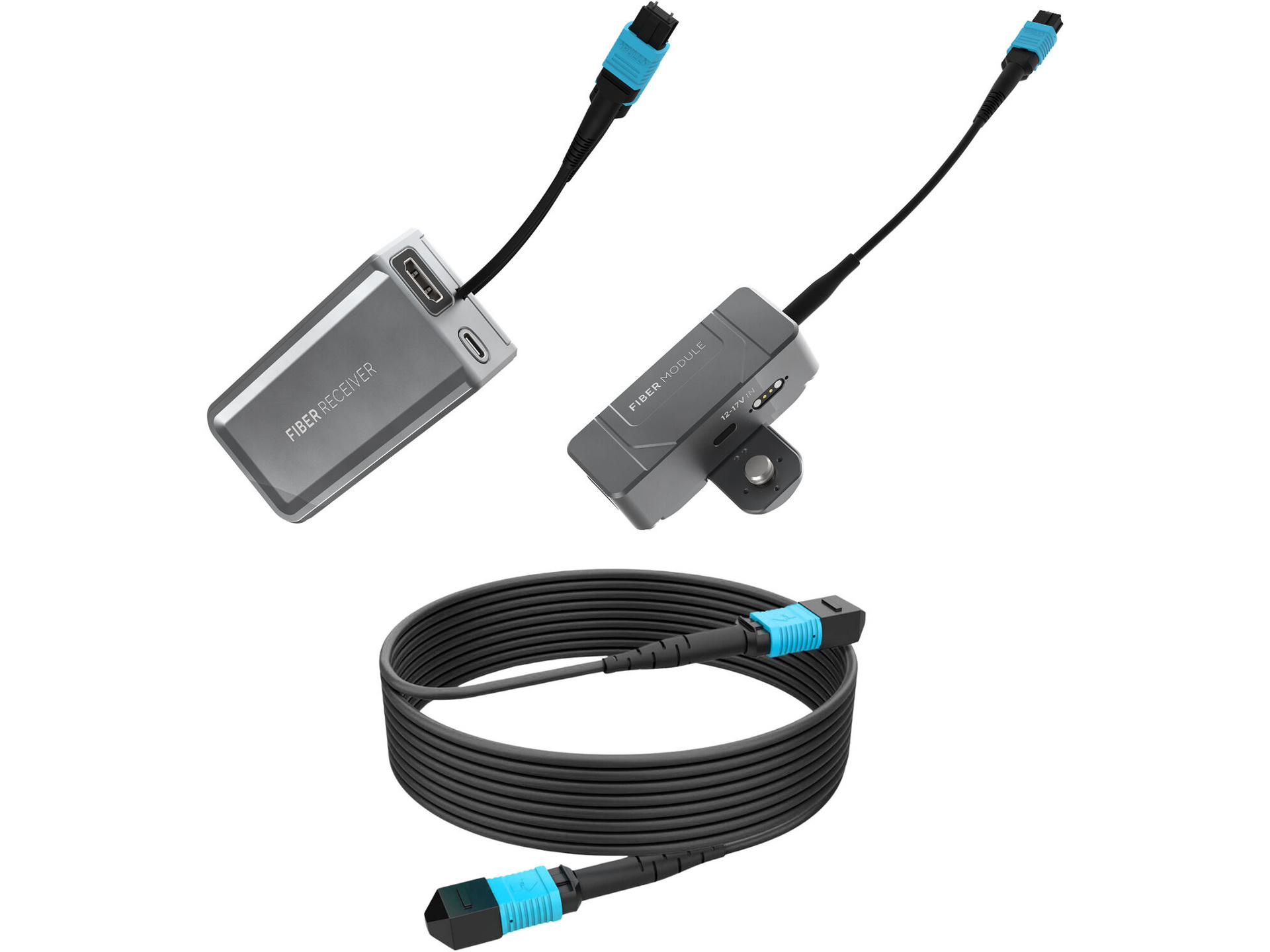 Kondor Blue Fletch Fiber Transmitter & Receiver Module Kit for HDMI with Fiber Armored Cable OM3 MPO (50', Space Gray)