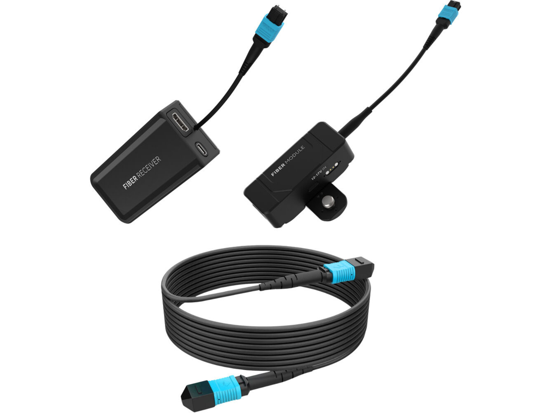Kondor Blue Fletch Fiber Transmitter & Receiver Module Kit for HDMI with Fiber Armored Cable OM3 MPO (50', Raven Black)
