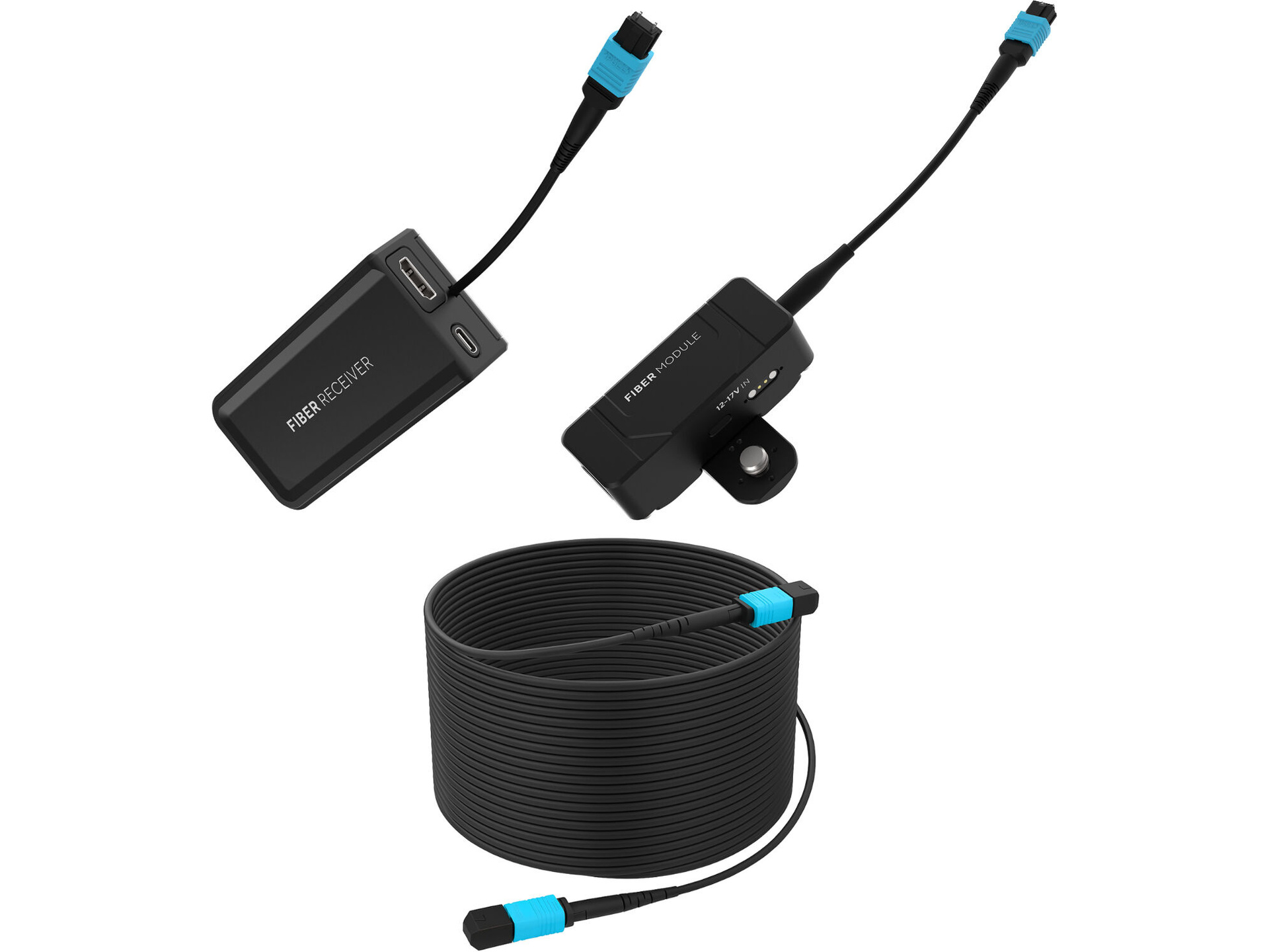 Kondor Blue Fletch Fiber Transmitter & Receiver Module Kit for HDMI with Fiber Armored Cable OM3 MPO (300', Raven Black)