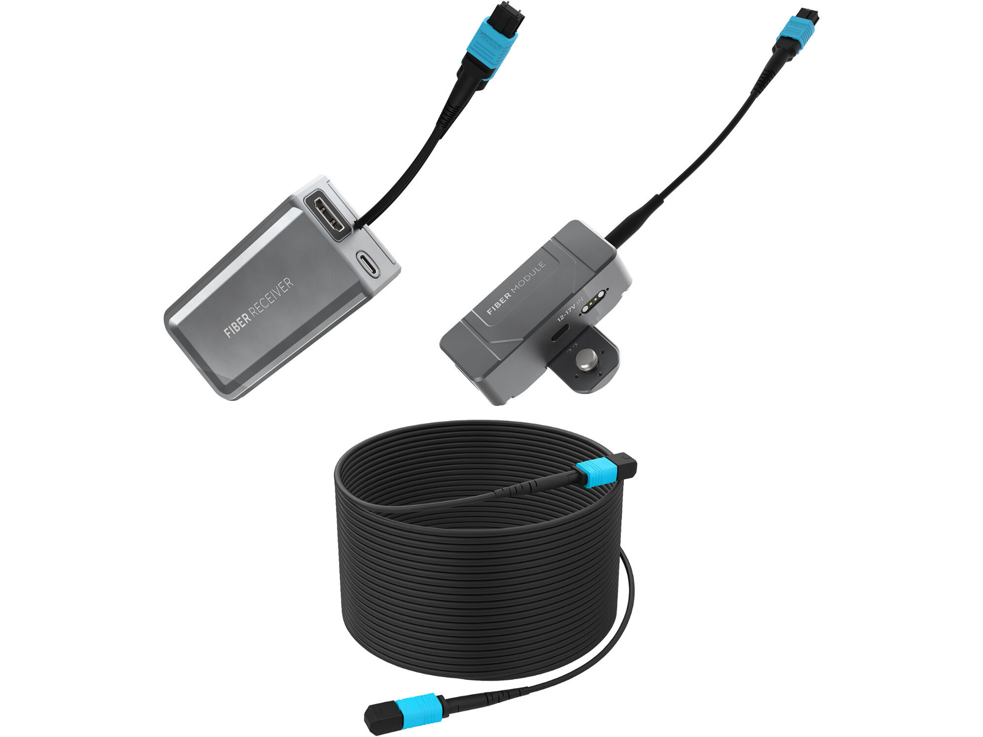 Kondor Blue Fletch Fiber Transmitter & Receiver Module Kit for HDMI with Fiber Armored Cable OM3 MPO (300', Space Gray)