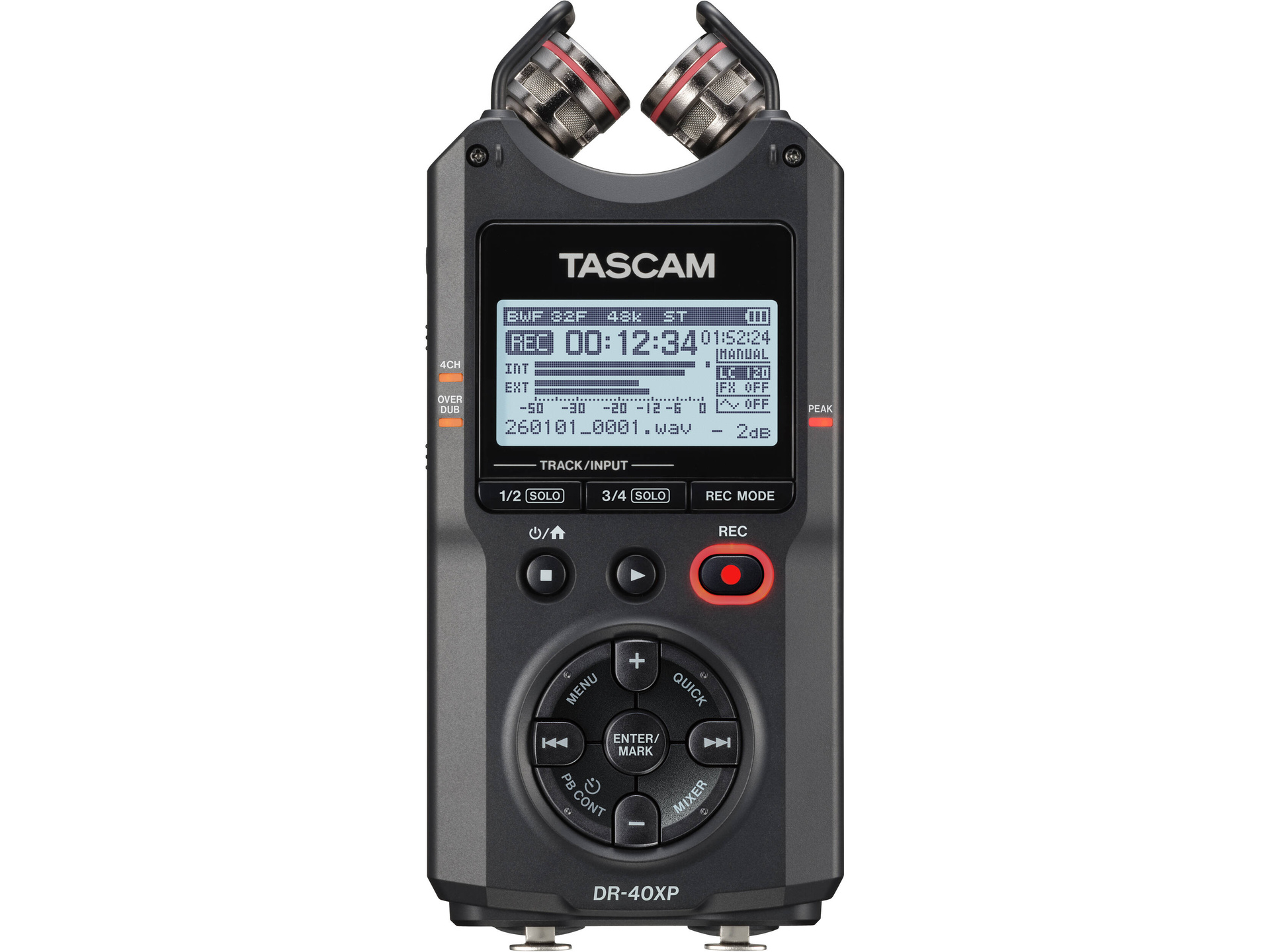 Tascam DR-40XP 4-Channel 32-Bit Float Portable Field Recorder with USB-C Interface and Adjustable Mics