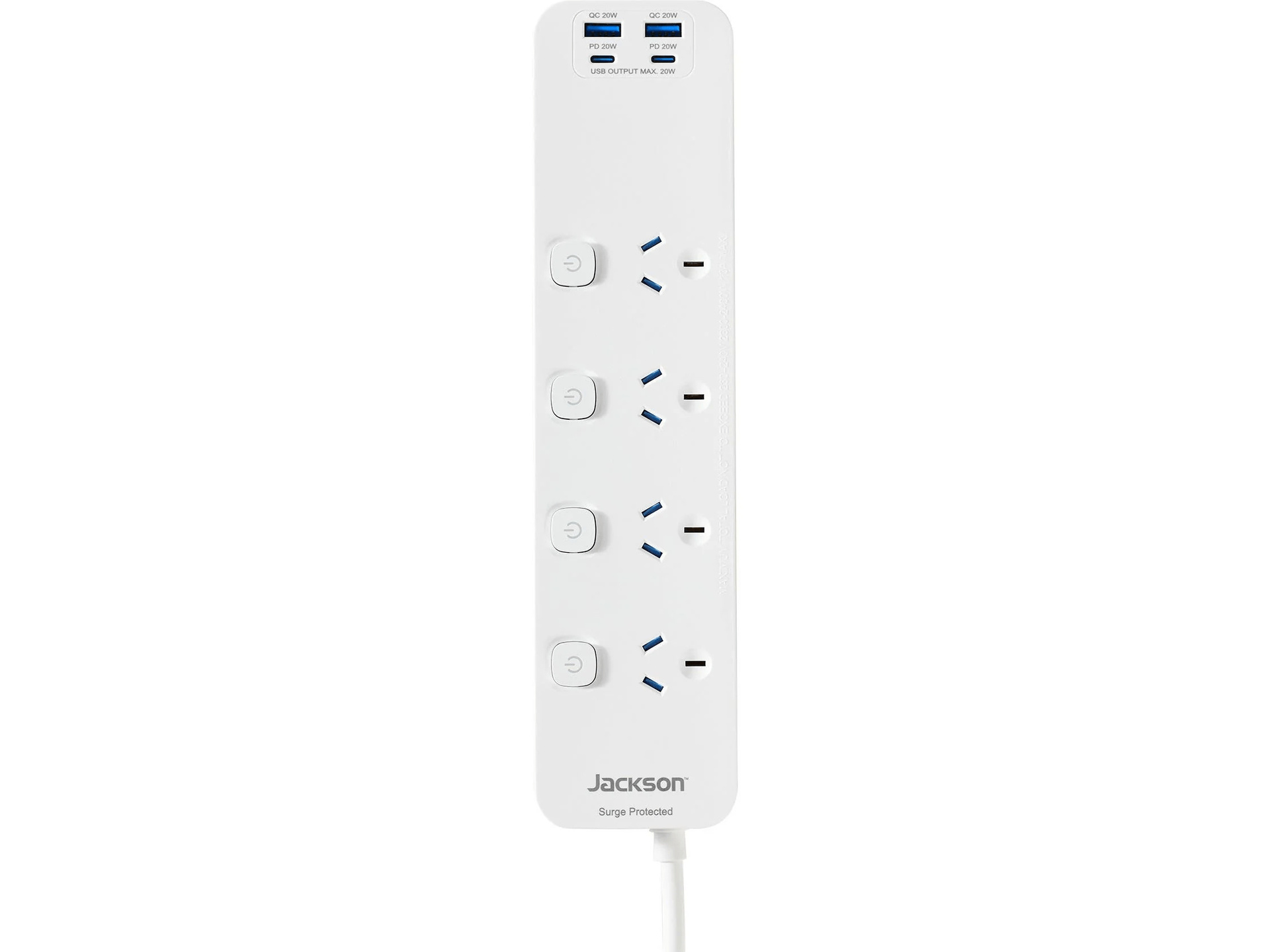 Jackson Rapid Charge 4 Outlet PD20W USB-C Powerboard with Individual Switches - White
