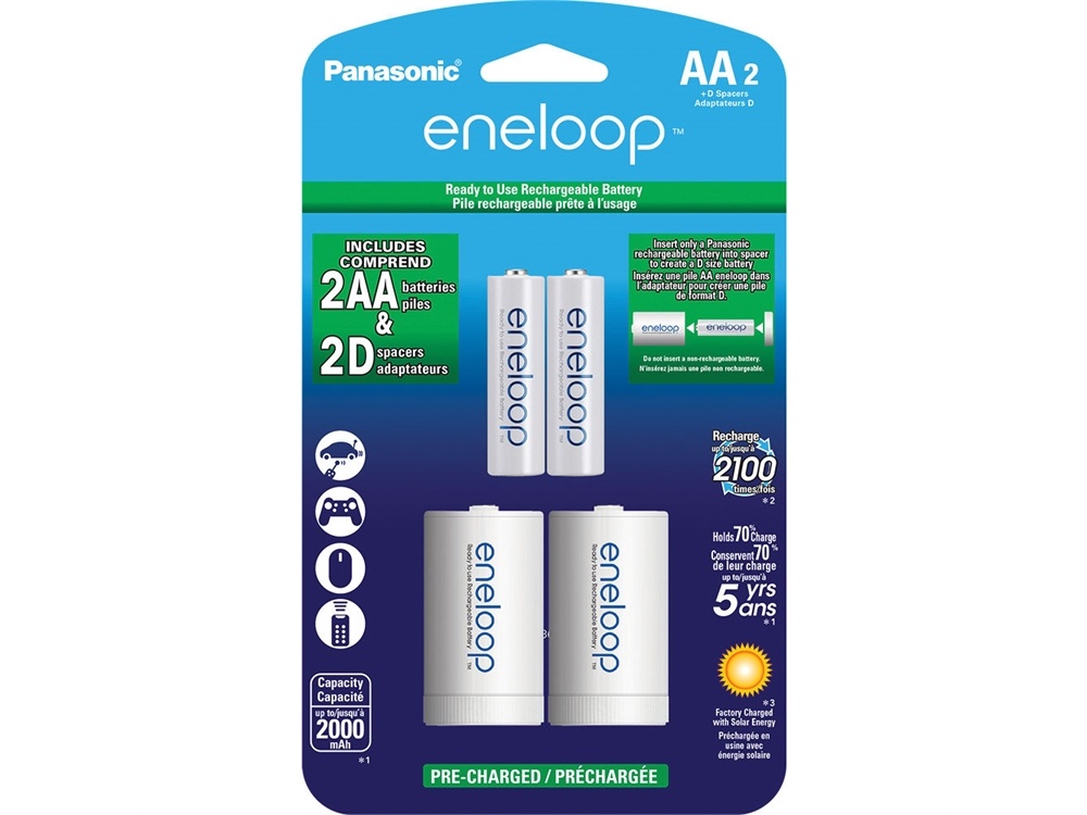 Panasonic Eneloop Rechargeable AA Ni-MH Batteries with D Spacers (2000mAh, Pack of 2)